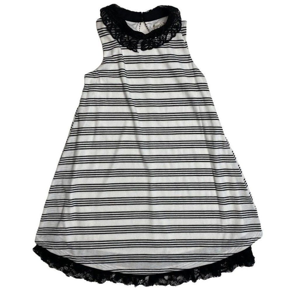 Girls Knit Works Black White Stripe Sleeveless‎ Lace Trim Dress Sz 12 NEW